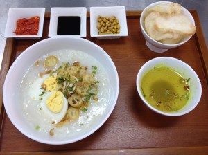Burbur Ayam. Rice porridge with condiments